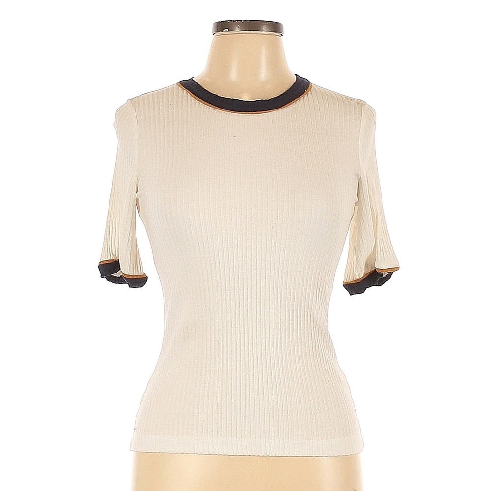 A.L.C. Size L Short Sleeve Top Solid Ivory Classic Navy Trim Crew neckline